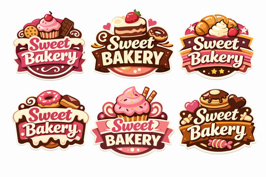 Sweet bakery logo collection illustrating desserts like cupcakes, donuts, cakes, croissants, and chocolate for branding