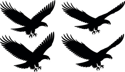 Set of four flying eagle black vector silhouettes with wings spread wide and sharp talons ready for hunting and striking © BIPUL