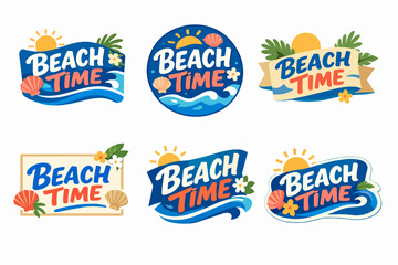 Obraz premium Beach time badges with summer vacation travel theme, ocean waves, sun, shells, and tropical leaves
