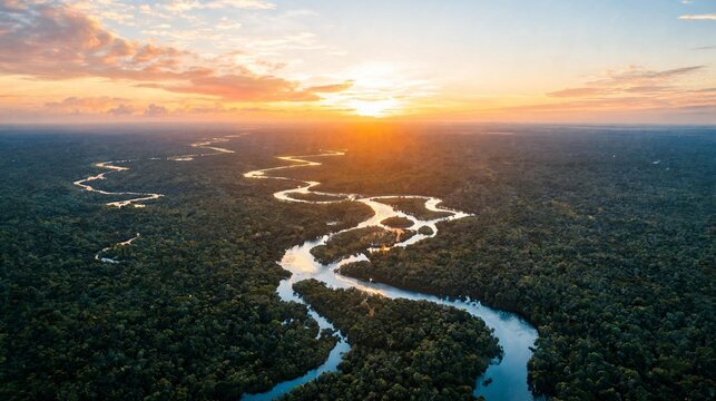 Winding river flows through a vast tropical rainforest during a stunning vibrant orange golden sunset