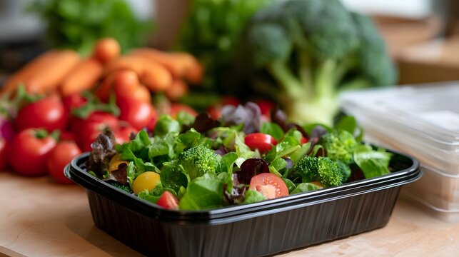 A black container holds fresh mixed greens  cherry tomatoes  and broccoli florets  surrounded by whole carrots and red tomatoes on a wooden surface