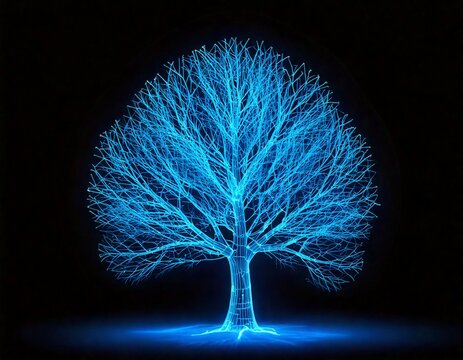 hologram pohon pohon wireframe biru abstrak dengan latar belakang hitam