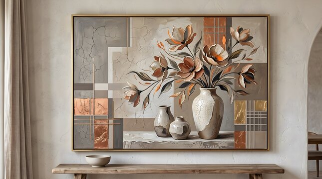 Modern abstract floral canvas painting mock up hanging on a living room wall