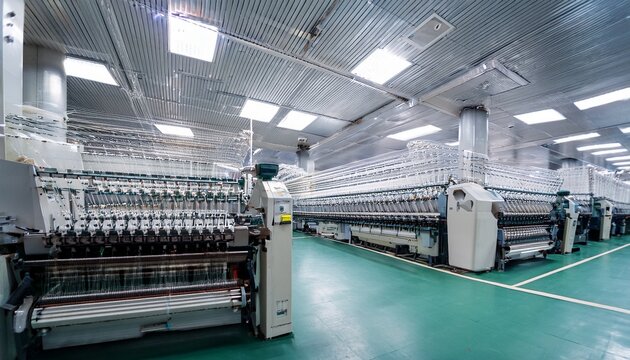spinning yarn mills machines with white thread in the automated textile factory workshop