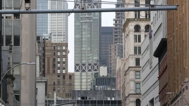 New York City Downtown urban tall buildings architecture, Lower Manhattan Lafayette street, United States of America. Skyscraper towers of Financial District, USA. Civic center and FiDi from Chinatown