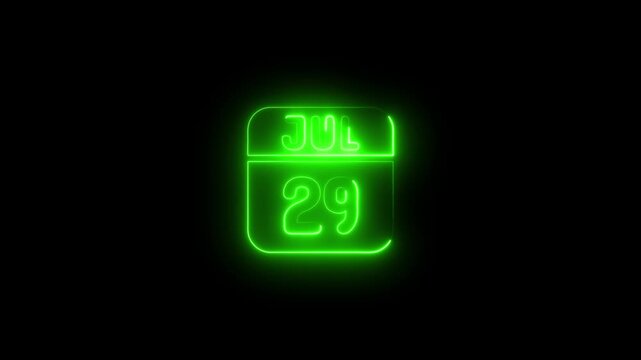 Neon july 29 calendar date glowing green animation