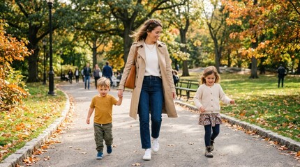 Obraz premium A woman and two children walking in a park with autumn leaves.