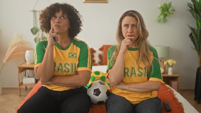 Woman and friend in brazil jerseys sit on bed with a soccer ball, finger to chin watching a match on television in a building; anticipation support.