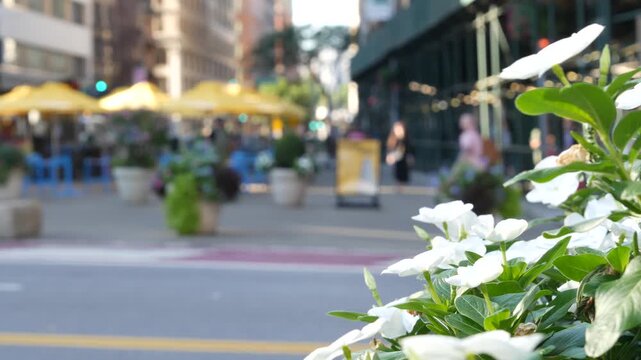 Fifth 5 avenue and Broadway street crossroad, Manhattan Midtown, New York City, United States. Defocused people pedestrians and flowers on Flatiron Public Plaza near Worth Square, Madison Square Park.