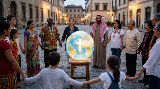 A group of people of different ethnicities standing in a circle with a globe in the center, holding hands and facing each other.