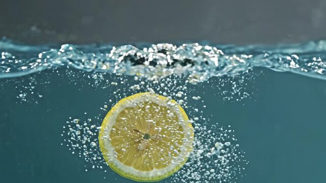 Lemon slice dropping into water with dramatic splash in slow motion