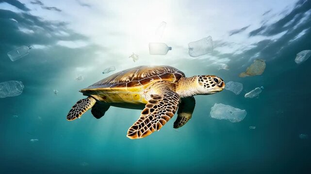 Sea turtle swimming amid floating plastic bottles and ocean pollution under sunlit water, highlighting marine pollution and conservation urgency