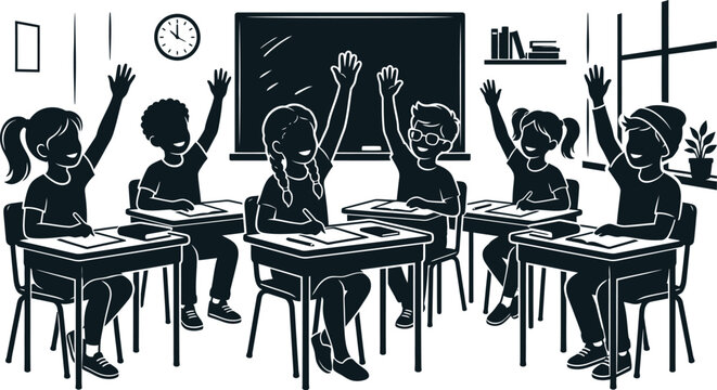 Silhouette style illustration of diverse elementary school kids raising hands in classroom with desks, blackboard, clock on white background