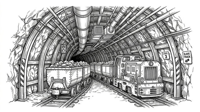 Illustration of a coal mine tunnel with trains and carts.