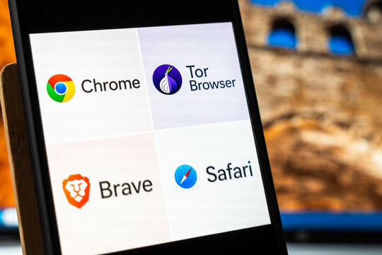 Warsaw, Poland - July 6, 2026: Display of various web browsers including Chrome, Tor Browser, Brave, and Safari on smartphone screen showcasing modern technology in daily life.