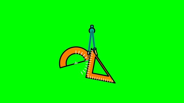 Geometric protractor and triangle ruler drafting tools rotating in a smooth motion animation on a bright green screen video
