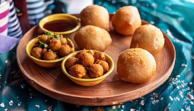 crunchy pani puri filled with creamy chickpeas and tangy tamarind water served on a wooden plate amidst vibrant street food stalls lunch box tamil nadu street food