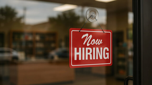 Red now hiring sign hanging on a glass storefront window