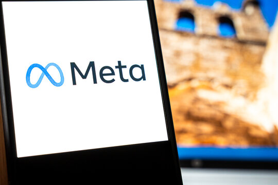 Warsaw, Poland - July 6, 2026: Display of Meta logo on electronic screen while presenting brand identity in modern business environment