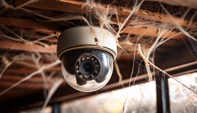 old surveillance camera on ceiling covered with dust and cobwebs surveillance camera old dusty cobwebs