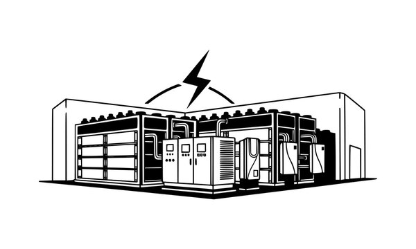 Industrial power substation complex with high voltage transformer equipment and electric lightning icon