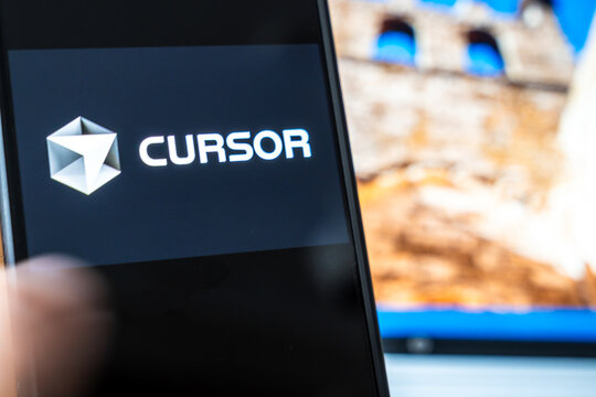 Warsaw, Poland - July 6, 2026: Close-up of the CURSOR logo displayed on a smartphone screen, showcasing technology and branding focus in digital innovation context.