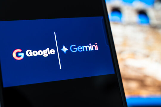 Warsaw, Poland - July 6, 2026: Close-up of Google and Gemini logos displayed on a smartphone screen, representing advancements in technology and artificial intelligence in a modern digital landscape.