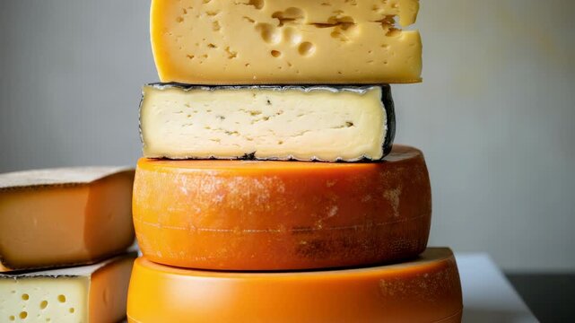 Stacked assorted cheese wheels and wedges with natural rinds and creamy, holey interiors