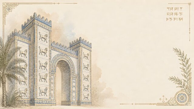 Sketch Historic Ishtar Gate of Babylon with Palm Trees and Cuneiform Background Banner