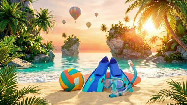 Tropical beach at sunset with snorkeling gear and volleyball. Summer vacation adventure and paradise relaxation concept