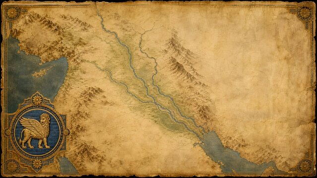 Ancient Babylonian Empire Map with Tigris Euphrates Rivers and Winged Lion Background Banner