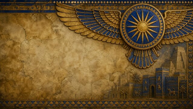 Carved Winged Sun Disk of Shamash Over Ishtar Palace Ruins Background Banner