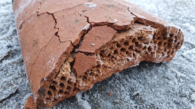 Close up of a cracked clay brick edge showing severe frost damage and structural weathering texture