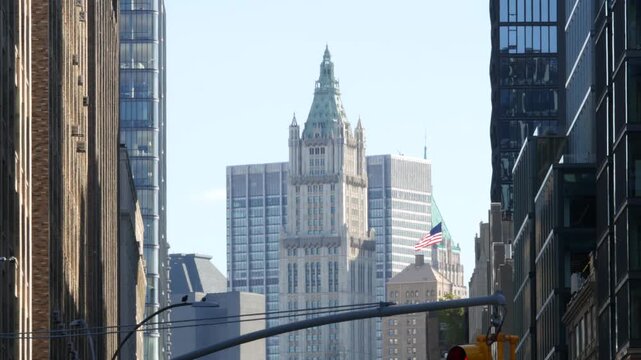 New York City Woolworth building 1913, skyscraper on Broadway in Downtown Financial District, Lower Manhattan, United States of America. Gothic historic architecture, green cooper roof, FiDi, NYC, USA