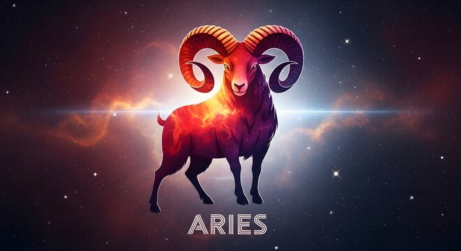 A vibrant, fiery depiction of the astrological sign Aries, represented by a powerful ram against a cosmic background.