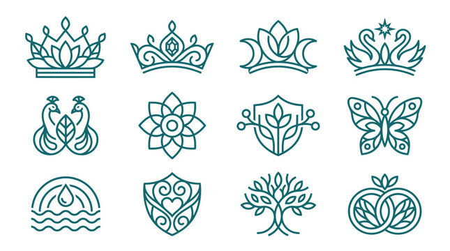 Collection of twelve minimalist teal line art logos including crowns, swans, peacocks, lotus flowers, shields, butterfly, tree of life, and wedding rings on white background.