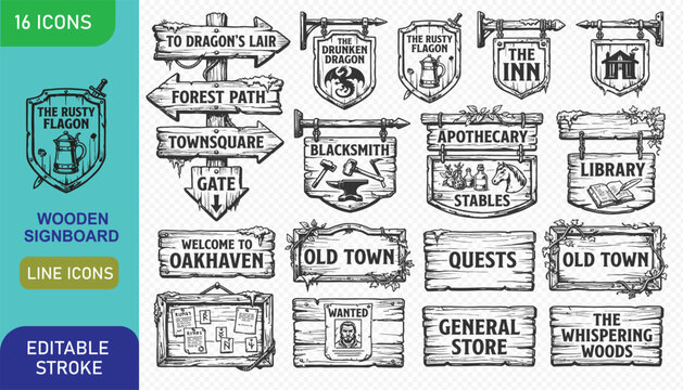 Set of fantasy wooden signboards for medieval RPG games with hand drawn line art style icons