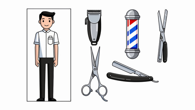 Vector illustration of a barber with tools and equipment on a table