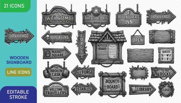 Detailed fantasy wooden signpost and tavern board collection for medieval roleplaying games