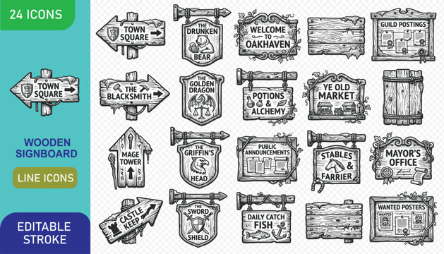 Collection of medieval fantasy wooden signs and notice boards for game UI design elements set