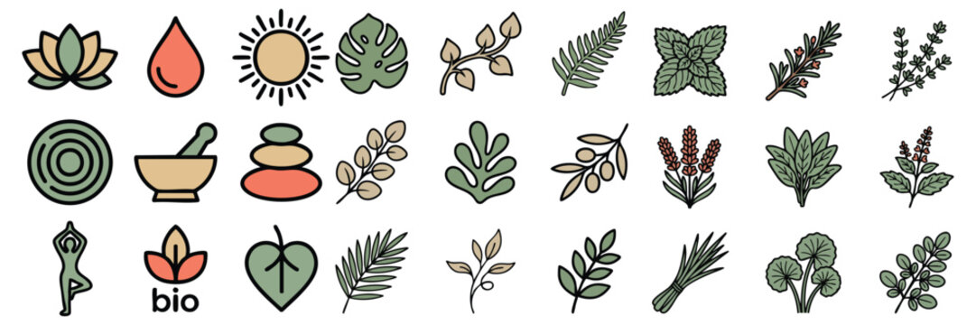 Holistic wellness and herbal medicine vector icons. Features lotus flower, yoga pose, mortar and pestle, sun, bio leaf, lavender, mint, rosemary, lemongrass, and gotu kola.