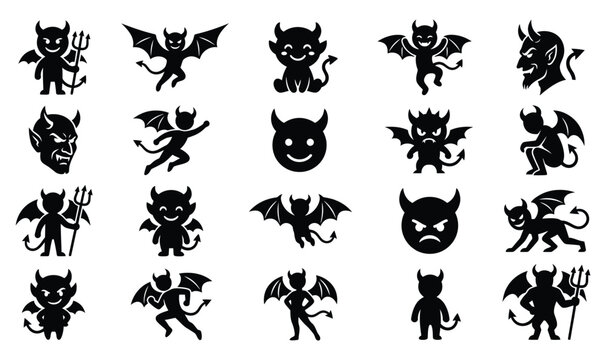 Black silhouette devil and demon icons