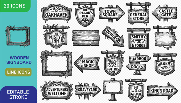 Set of twenty fantasy wooden signboards and medieval directional arrows for game design assets