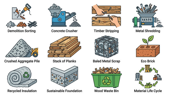 Creative Recycling Process Step by Step Visual Guide of Demolition Waste Transformation into Eco Friendly Materials