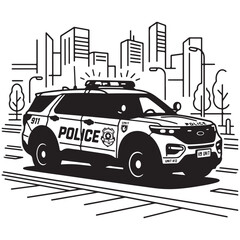 Police SUV patrol car vector illustration with city skyline and emergency lights for law enforcement and public safety © mbg