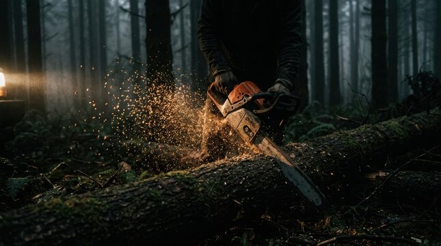 A lumberjack uses a chainsaw to cut a moss covered log in a dark misty forest at night
