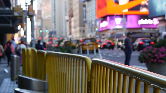 Manhattan Midtown street New York City, United States. Port authority bus terminal. Defocused car traffic on urban road, 8th avenue in Hells Kitchen. People pedestrian, yellow taxi. Sidewalk pavement.