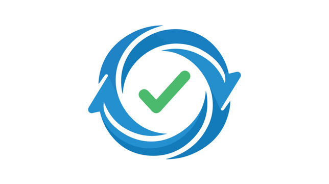 Abstract circular arrow logo icon with a green checkmark inside.