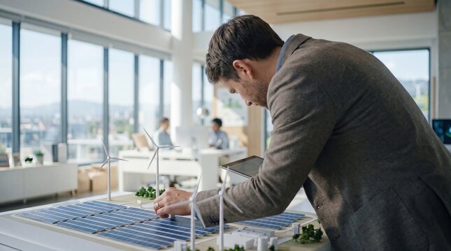 Male architect or engineer planning renewable energy project with solar panels and wind turbines model, sustainable development concept, green technology design