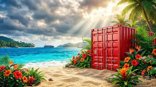 Red shipping container nestled on sandy tropical beach surrounded by palm trees hibiscus and bird of paradise flowers